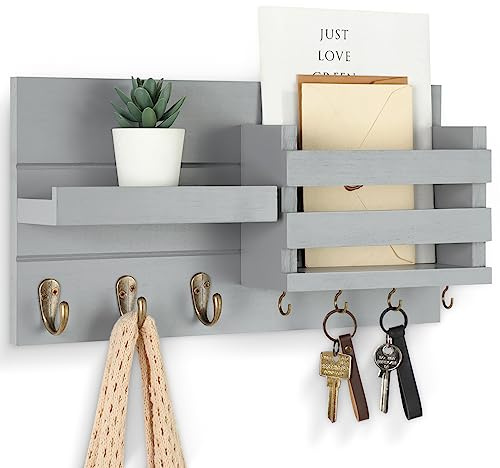 Lwenki Wandhalterung Mail Organizer - Schlüsselhalter mit Ablage inkl. Briefhalter und Haken für Mäntel, Hundeleinen - Rustikales Holz mit integriertem Montagematerial