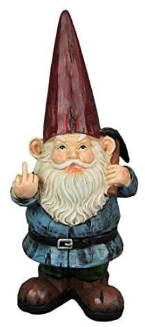 12 Inch High Angry Garden Gnome Holding Pick Axe Decorative Yard Statue - Rude Hand Gesture Indoor/Outdoor Hand-Painted Grumpy Garden Patio or Porch Decor