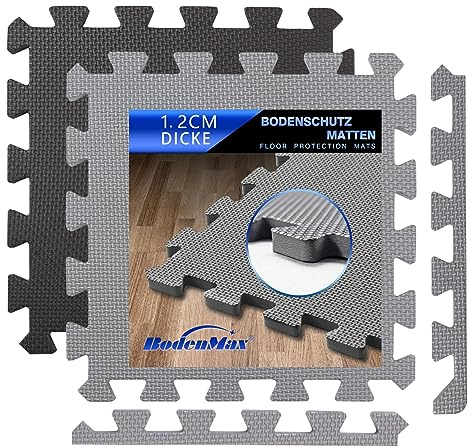 BodenMax Puzzlematte grau + antirutsch Pads | Sportmatten Bodenschutzmatte Fitnessmatte Schutzmatte für Fitnessraum 32 x 32 x 1,2 cm 𝐞𝐱𝐭𝐫𝐚 𝐝𝐢𝐜𝐤 [20% mehr Schutz] | 12 Stück