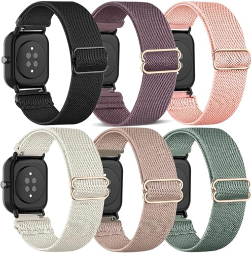 TUCOMO 6-pack stretchiga klockarmband i nylon, kompatibla med Amazfit GTS/GTS 2/GTS 2 mini/GTS 2e/GTS 3/GTS 4/GTS 4 mini/GTR mini, ögla elastiska remmar för Amazfit Bip U Pro/Bip 3 Pro/Bip Lite