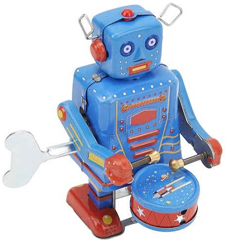 FOSA Wind Up Vintage Robot, Vintage Metal Tin Drumming Robot, Hand Made Bookshelf Figuirine Decor Gift for Children Adults