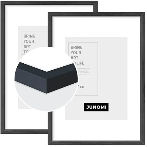 JUNOMI® 2er Set Bilderrahmen DIN A4 (21x29,7 cm) Holz | Farbe Schwarz | Posterrahmen mit bruchsicherem Acrylglas | Hoch- & Querformat zur Wandmontage, schmales Profil