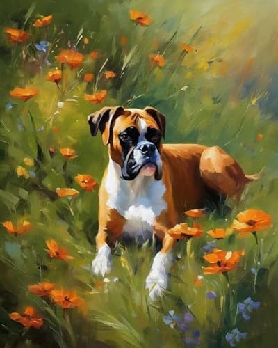 ZMHZMY gör-det-själv måla efter nummer för vuxna, boxershorts hund på blomma äng måla efter nummer set med professionella borstar, 40 x 50 cm, ingen ram