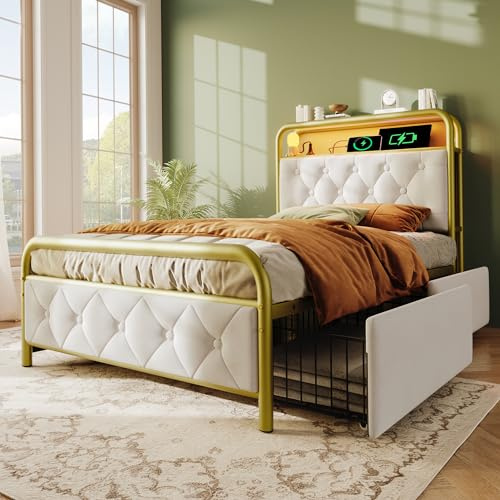Kayan Polsterbett 90x200 mit LED und USB, Einzelbett mit 2 Stauraum Schubladen, Polster Kopfteil mit Regal, Stauraumbett Metallbett Jugendbett Bettgestell, Samtstoff (Weiß, Ohne Matratze, 90×200 cm)