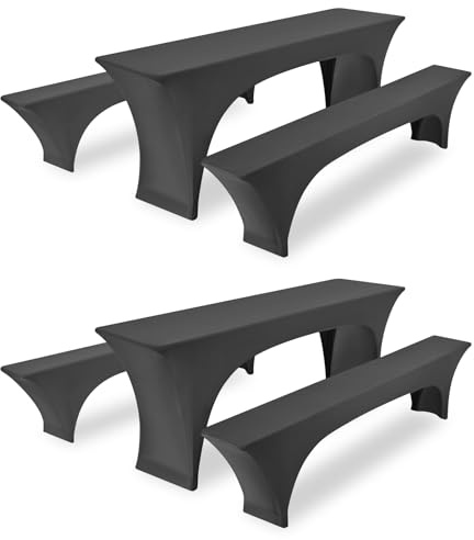 FXKS Stretchhussen Set 6tlg 2 Biertisch+4 Bierbank Hussen Dunkelgrau | Für 2 Bierzeltgarnituren, 220 x 50 x 70 cm, Elastisch und Waschbar, mit Fußtaschen für Party und Bankett