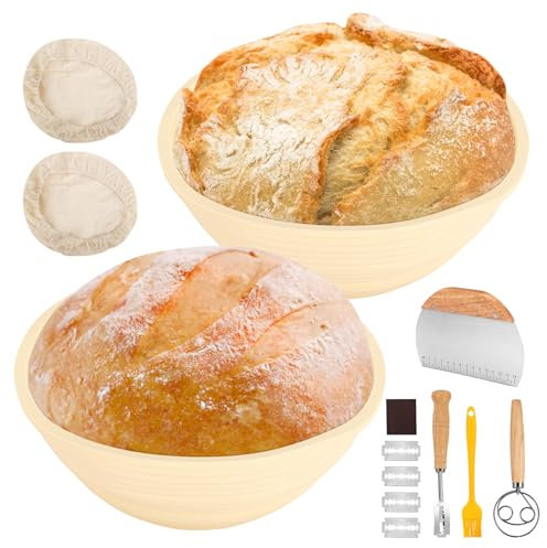 Bread Proofing Basket Banneton Set of 2,Silicone Sourdough Bread Baking Baskets,9 Inch Collapsible Proofing Bowl Supplies Set Tool Kit,Foldable Sourdough Baking Basket for Bread Making Sourdough