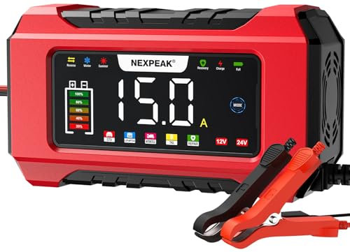 NEXPEAK NC215 15A Autobatterie Ladegerät, 12V 24V LiFePO4 Blei-Säure Tragbares Autobatterieladegerät 9-stufiges Intelligentes Batterieladegerät für Auto, LKW, Motorrad, Rasenmäher, Boot, Marine