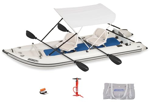Sea Eagle 437ps PaddleSki Inflatable 1-2 Person Catamaran Boat – Paddle, Motor, Fish, or Sail – 4-in-1 Inflatable Watercraft – Self Bailing (437ps PaddleSki Swivel Seat Canopy Package)