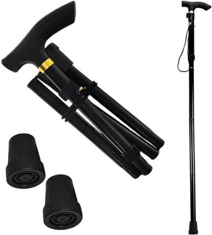 WALKING DADDY®. Bastón Plegable para Mayores + 2 Tapones Antideslizantes | Bastón Extensible Portátil Tapones Antideslizantes, Ideal para Caminar y Andar (Negro)