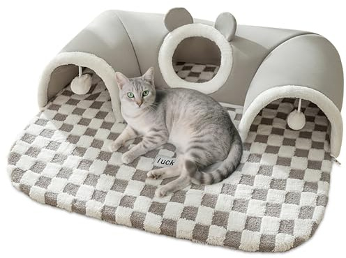 ALLSOPETS Katzentunnel Bett – Faltbarer Spieltunnel mit Hängespielzeug, Rutschfester Boden – Für Kleine, Mittlere und Große Katzen & Kaninchen (Grauer Bär, L)