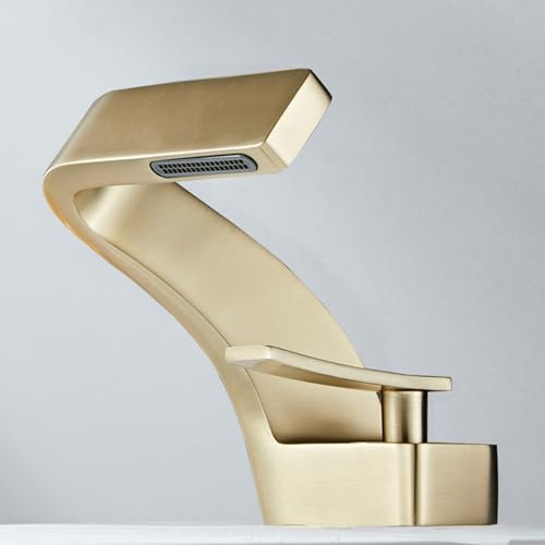DRFGHK Wasserhahn Bad für Waschbecken Mischbatterie Waschtisch Wasserfall Einhebel Spültisch Gebürstetes Gold Armatur für Waschbecken Badezimmer Badarmatur Waschbeckenarmatur