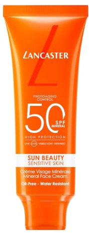 Lancaster Sun Beauty Sensitive Skin Mineral Face Cream SPF50 50ml, Broad Spectrum Sun Protection, With Tan Activator Complex, Lightweight Texture, Water Resistant Formula, Suitable for All Skins
