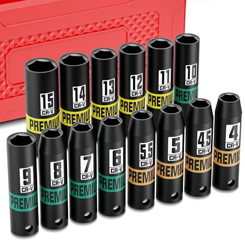 Aurlloct 1/4 Drive Impact Socket Set,14Pcs Deep Sockets, 4-15 mm Hex Long Socket Set, for Home Repair Bicycle Maintenance
