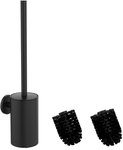 Mozmmhi Klobürste aus 304 Edelstahl, WC Bürstengarnitur mit Wandmontage und Klobürstenhalter – Inklusive 2 Bürstenköpfen (Round Black)
