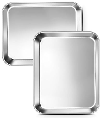 Lot de 2 plaques de cuisson moyennes pour four | 26,5 x 20,5 x 2,5 cm – Plaque de cuisson en acier inoxydable pour biscuits et thé de l'après-midi – Finition miroir et antirouille, passe au
