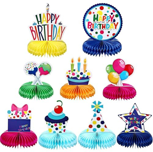XoeLLe 9 Stück Tischdeko Geburtstag, Bunte Geburtstagsdeko MäDchen, Happy Birthday Deko, Waben Zuckerbienen Deko Papier Geburtstagsparty Zubehör für Kindergeburtstage Party