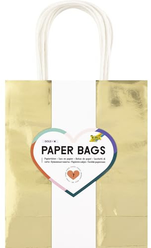 folia 21869/7 - Paper Bags Gold M, 7 Papiertüten aus 110 g/m² Kraftpapier in Gold, ca. 18 x 21 x 8 cm, zum Basteln, Verzieren und Verschenken