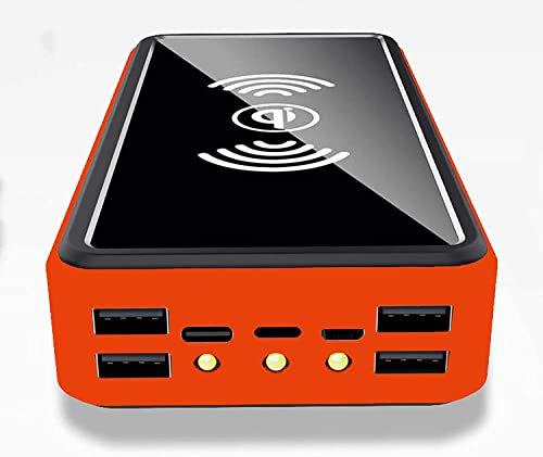 Power Bank Solare 100000Mah Caricabatterie Solare Wireless 4 Ingressi 5 Uscite Batteria Esterna con Torcia LED, Powerbank per Iphone, Samsung ecc., Arancione