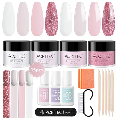 Aokitec 15PCS Dip Powder Nail Kit - White Pink Dipping Acrylic Powder with Dip Base Top Activator Nail Tools, Dipping Acrylic Nail Set for Manicure Starter, Gift for Women & Girls