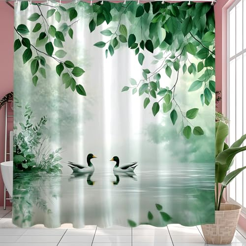 Duschvorhang Polyester, 200x200cm Grün Blätter Pflanzen Design | Wasserabweisend, Maschinenwaschbar, Schnelltrocknend, mit 12 Ösen+Ringe, für Dusche, Feuchträume