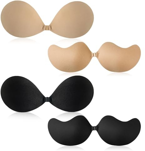 SAIIURV 4 Pairs Women's Invisible Strapless Bras, Sticky Push Up Bra, Self-Adhesive Bra, Reusable Invisible Backless Stick on Bra for Party, Bar, (UK, Alpha, One Size, Regular, Regular, Black, Nude)