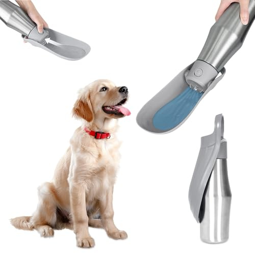 Botella de Agua para Perros, Botella de Agua Portátil para Perros 750ml - Acero Inoxidable Antigoteo Plegable 180° y Aislada para Senderismo, Viajes y Camping