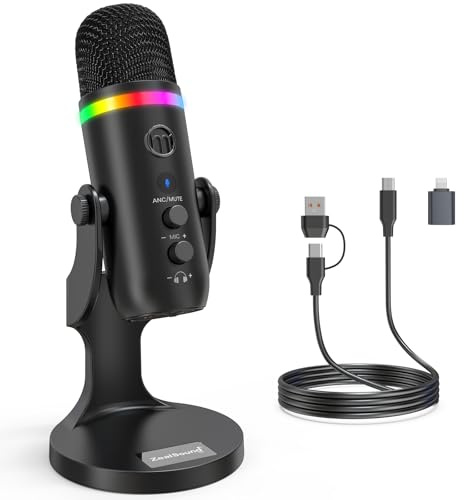 zealsound Micrófono Condensador USB K66 RGB para PC, portátil y móvil. Plug&Play, con reducción Ruido, Silencio, Ganancia y Eco, Ideal para Streaming, Gaming, Podcast, ASMR y grabación