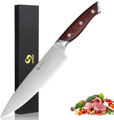 SANHUI Kochmesser 20cm - Hochkohlenstoffstahl, Pakkaholzgriff | Hochkohlenstoffstahl,scharf & präzise. Inkl. Geschenkbox. Für Hobby & Profi