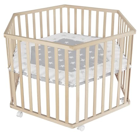 roba Laufgitter hexagonal mit Einlage im Design 'Little Stars' - Echtholz Buche - Laufstall 3‑fach höhenverstellbar - Mobil & sicher dank Bremsrollen - Holz natur