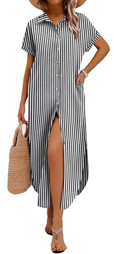 Zeagoo Dress Womens Summer Dresses Casual Short Sleeve Button Down Shirt Dresses Long Beach Swimsuit Cover Up Side Split