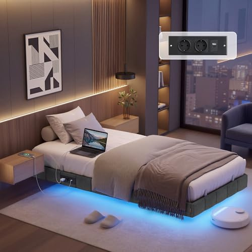 VASAGLE Bettgestell 90 x 200 cm, schwebender Effekt, LED-Beleuchtung | gepolsterte Seitenwände, 2 AC-Steckdosen, 2 USB-A-Anschlüsse, 1 USB-C-Anschluss, bis 250 kg belastbar RMB162G101