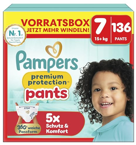 Pampers Premium Protection Pants Gr.7 Extra Large 15+kg Vorratsbox - 136 Stück | mit 360° Passform und weichen Anti-Auslaufbündchen für unseren besten Komfort und Schutz