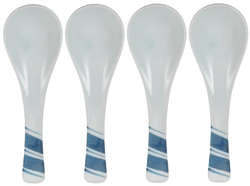 OHPHCALL 4 Cucharas de Cerámica de Estilo Japonés, Cucharas para Sopa y Arroz Azul Rayas, Multiusos para Cocina y Menaje de Hogar, Diseño Ergonómico y Superficie Lisa, Ideales