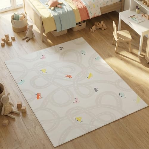 TAPISO Snooki Kinderteppich Kurzflor Auto Beige rutschfest 140 x 200 cm | Kinder Teppich Strapazierfähig Pflegeleicht weich Deko OEKO-TEX