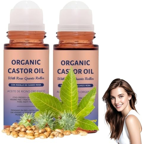 Organic Castor Oil Roll On with Rose Quartz Roller,100% Pure Cold Pressed & Hexane Free,Anti Ageing Skin Moisturising Castor Oil for Face,Under Eyes,Brows,Lashes & Hair (2 Bottle)