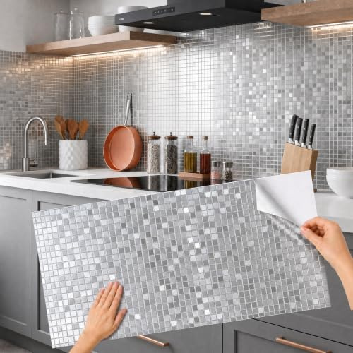 Pamatio 10 Stück Klebefliesen Küche 3D, Fliesenaufkleber Bad Mosaik Silbergrau 30x60cm, Mosaikfliesen Selbstklebend Reflektierender Fliesen Folie Wasserdicht Wandfliesen Fliesenfolie