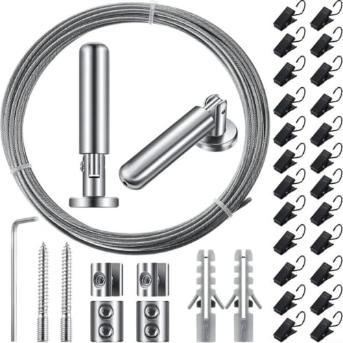 HOHOVYVY Gardinenseil-Set Aus Stahl, Gardinen Aufhängung Seilsystem Wandhalterung Set, Drahtseil Mit 24 Schwarzen Clips, Vorhang Aufhängesystem Für Fenster