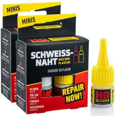 HG POWER GLUE MINIs 2+1* Die Schweißnaht aus der Flasche - Profi-Reparatur-Kleber-Set für Kunststoff Plastik Keramik Porzellan Stein Gummi - kleben mit Industrieklebstoff und Granulat (2x5g+3x10g)