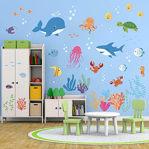decalmile Wandsticker Unter dem Meer Wandtattoo Meerestiere Delphin Fisch | Abziehbare und Aufklebbare Wandaufkleber, DIY Abnehmbare Wandkunst Abziehbilder, Wandfreundlich, Leuchtenden Farben