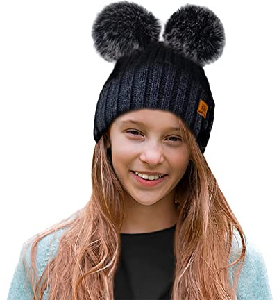 4sold Rita Barnmössa för vintern, stil beanie, stickad mössa med pälstofs, toppluva, huvudbonad, skidåkning, snowboard, Miki svart grå, En Storlek