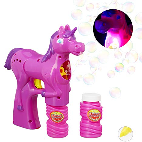 Relaxdays Einhorn Seifenblasenpistole, LED, batteriebetrieben, 2x Seifenblasen Flüssigkeit, Kinder & Erwachsene, pink, 21 x 5.5 x 18 cm