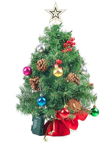 JOIEDOMI 24/2FT Vorbeleuchteter Tisch-Weihnachtsbaum mit warmen Lichtern, Stechpalmenbeeren und Tannenzapfen für eine schöne Weihnachtsdekoration