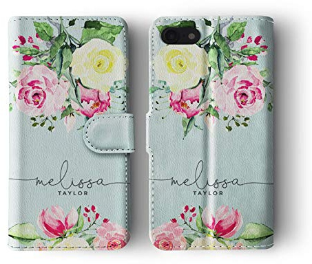 Tirita Personalised Initials Custom Wallet Leather Flip Phone Case Compatible with iPhone 11 Shabby Chic Floral Watercolour Pastel Bouquet