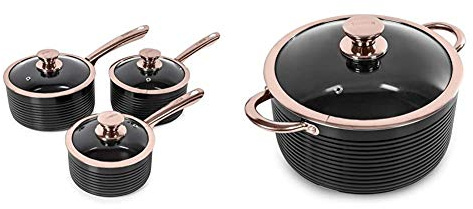 Tower T800001RB Saucepan Set, Aluminium, Black and Rose Gold & T800002RB Casserole Dish with Lid, Linear Collection, Aluminium, Black and Rose Gold, 5 Litre