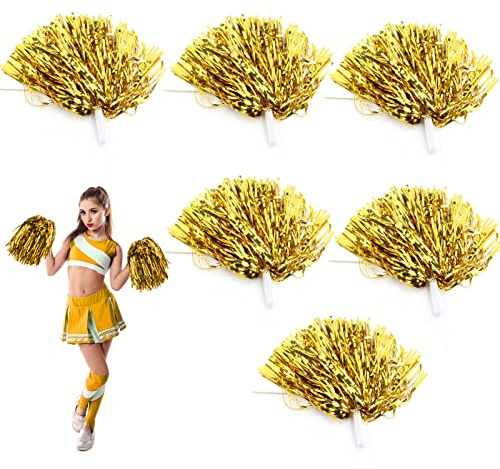 Pompones de Animadora, Pompones de Porrista con Mango 6 Colores, 6 piezas Cheerleader Pom Pom Pompones de baile para eventos deportivos, fiestas, actuaciones escénicas, celebraciones festivas(Dorado)