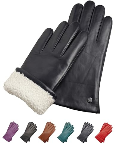 AKAROA ESTD 2019 Lederhandschuhe Damen MIA, Touchscreen Funktion, italienisches Leder, Futter aus original Neuseeland Lammfell, 4 Größen S - XL, marineblau, L - 8