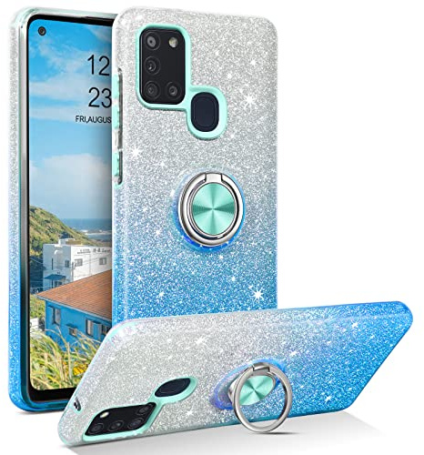 YINLAI Samsung Galaxy A21S Case - Bling Glitter Sparkle with Ring Holder Kickstand - Protective Phone Case for Women, Blue Gradient