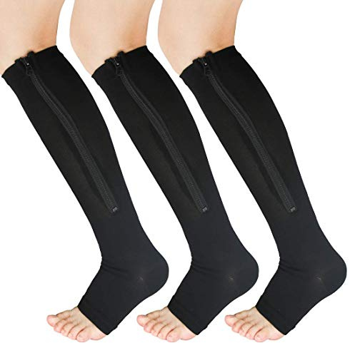 YUSHOW 3 Paar Kompressionsstrümpfe Damen Herren Stützstrümpfe 15-20 mmHg | mit Reißverschluss Medizinisch Kompressionssocken Offenen Zehen Compression Socks für Ödeme, Sport, Laufen