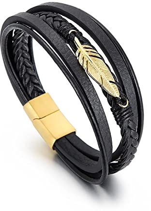 Aotiwe Armband Herren, Armband Herren Gold Breit Mode Mehrschichtiges Blatt Leder 21cm Ich Liebe Dich Geschenke für Männer