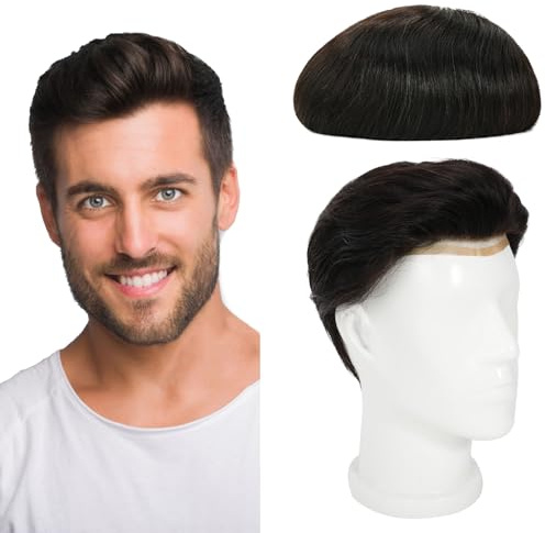 Zakya Perücke Männer, mit Spitze und dünner Haut,100% Echthaar, Leichte Mittlere Dichte, Komfortables und Atmungsaktives Haarsystem (Off Schwarz 1B#,18 * 23CM)